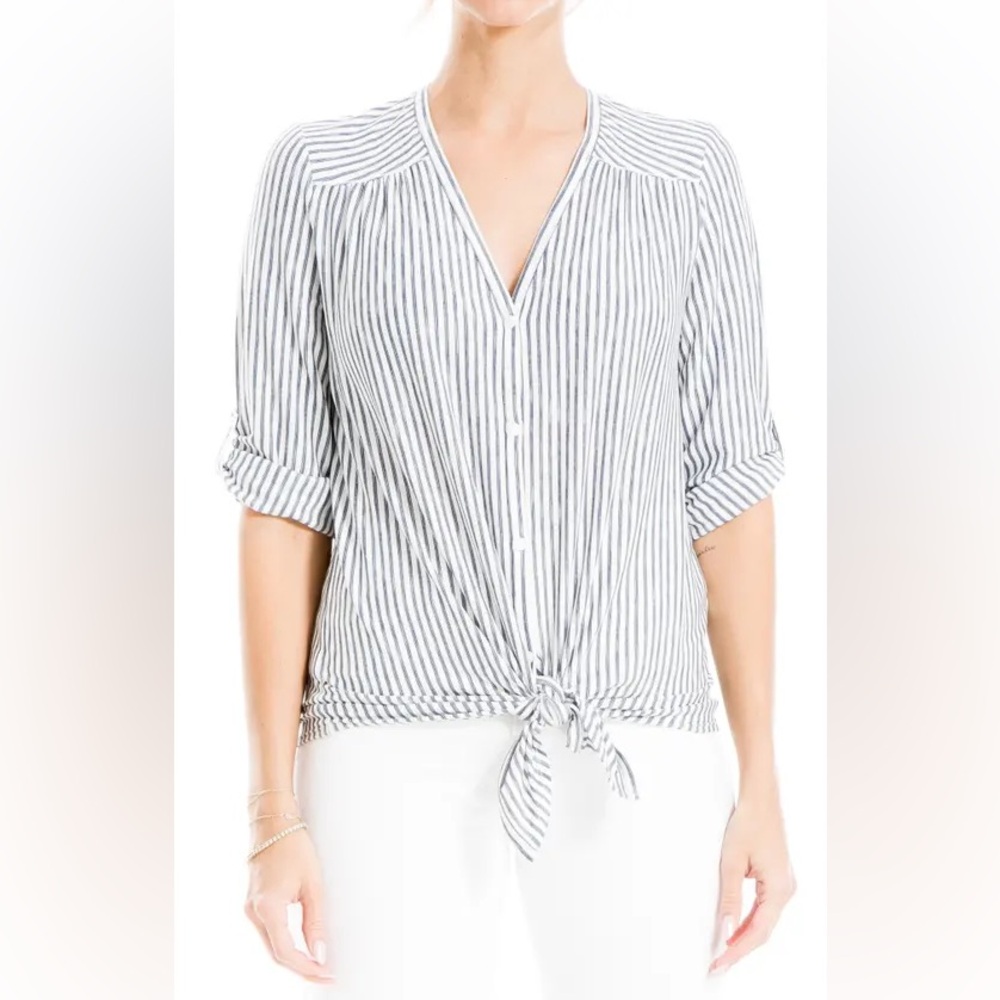Max Studio Navy and White Striped Button-Down Shirt